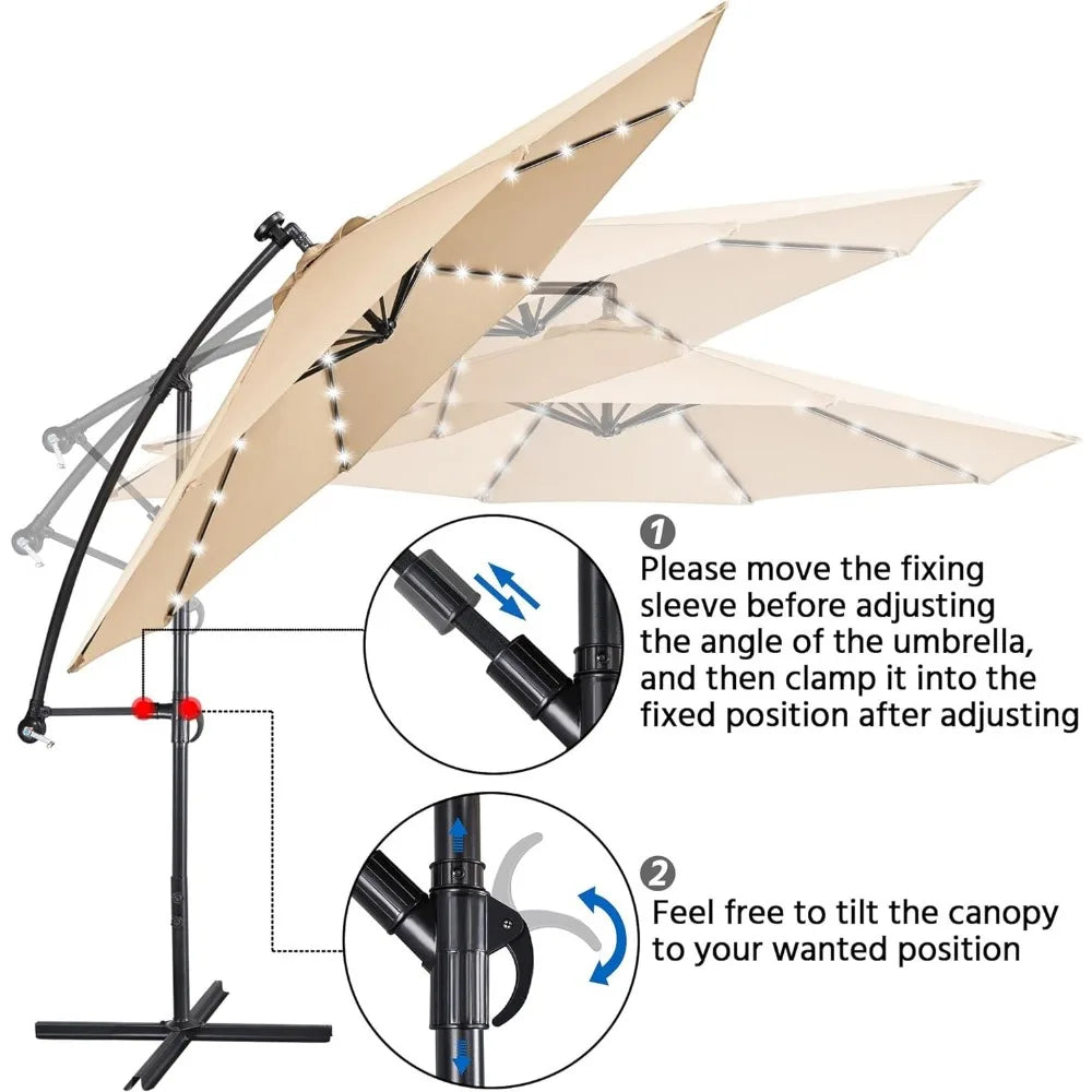 10FT, 32 LED Solar Lighted Outdoor Umbrellas Handy Crank & Cross Base