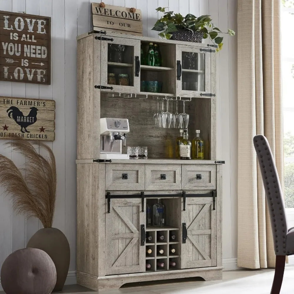 72" Farmhouse Bar Cabinet with Sliding Barn Door